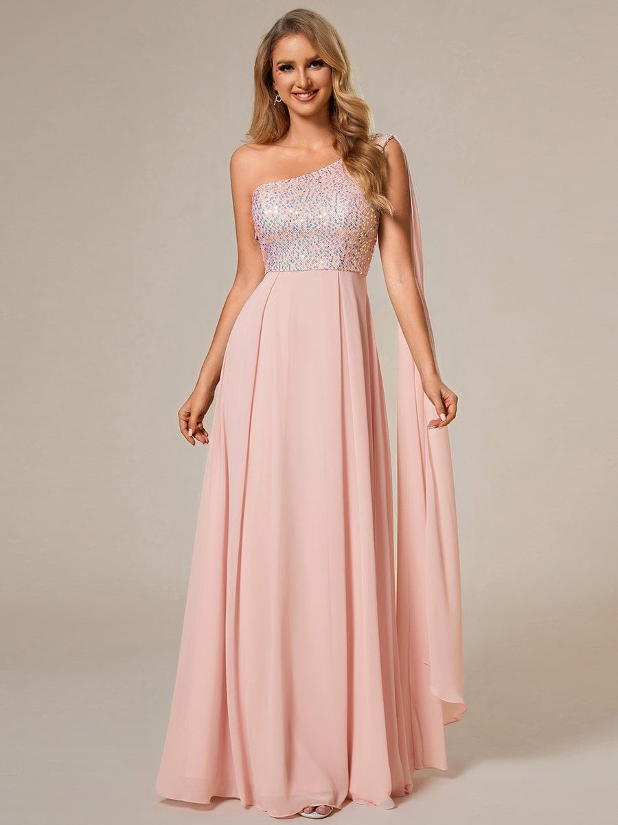 One Shoulder Sequin Bodice Chiffon Evening Gown
