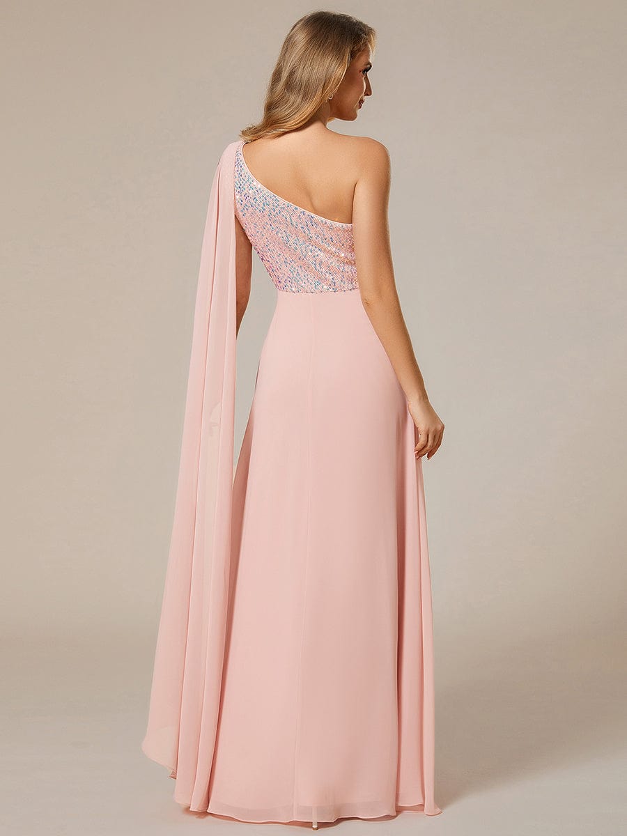 One Shoulder Sequin Bodice Chiffon Evening Gown