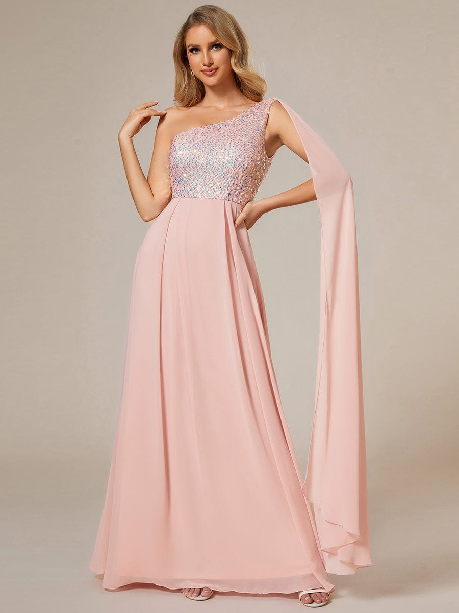 One Shoulder Sequin Bodice Chiffon Evening Gown