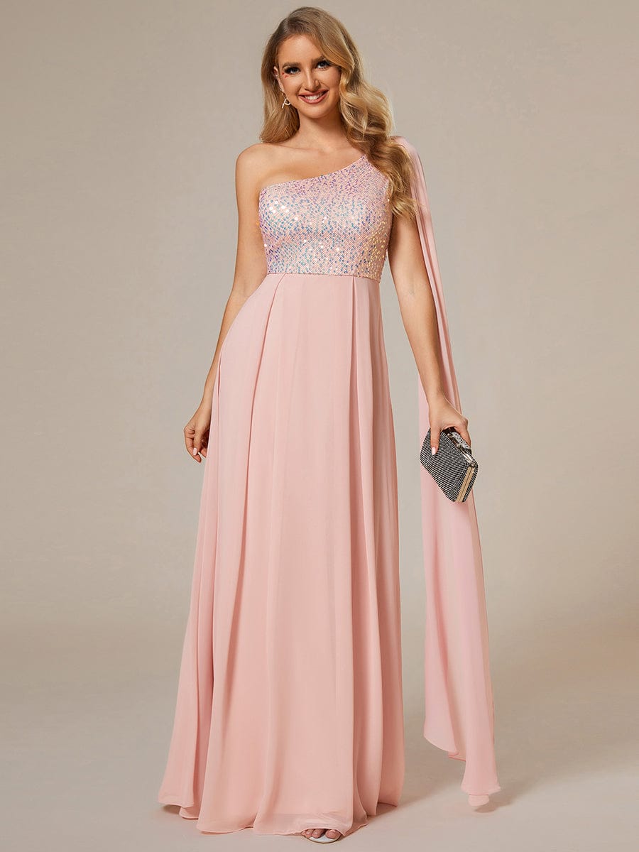 One Shoulder Sequin Bodice Chiffon Evening Gown