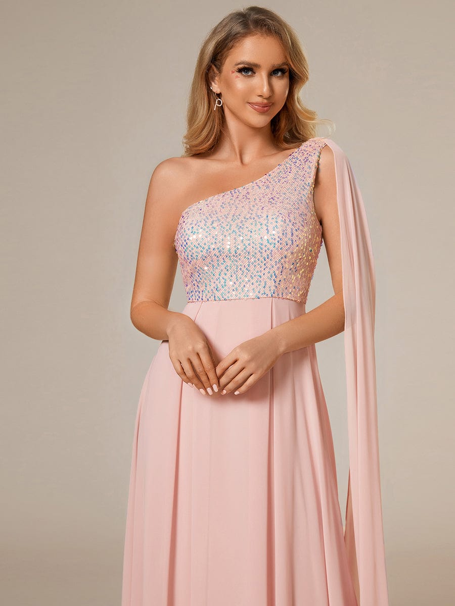 One Shoulder Sequin Bodice Chiffon Evening Gown