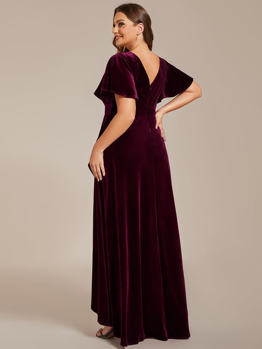 Velvet V-Neck A-Line Dress with Lotus Hem and Ruffled Sleeves