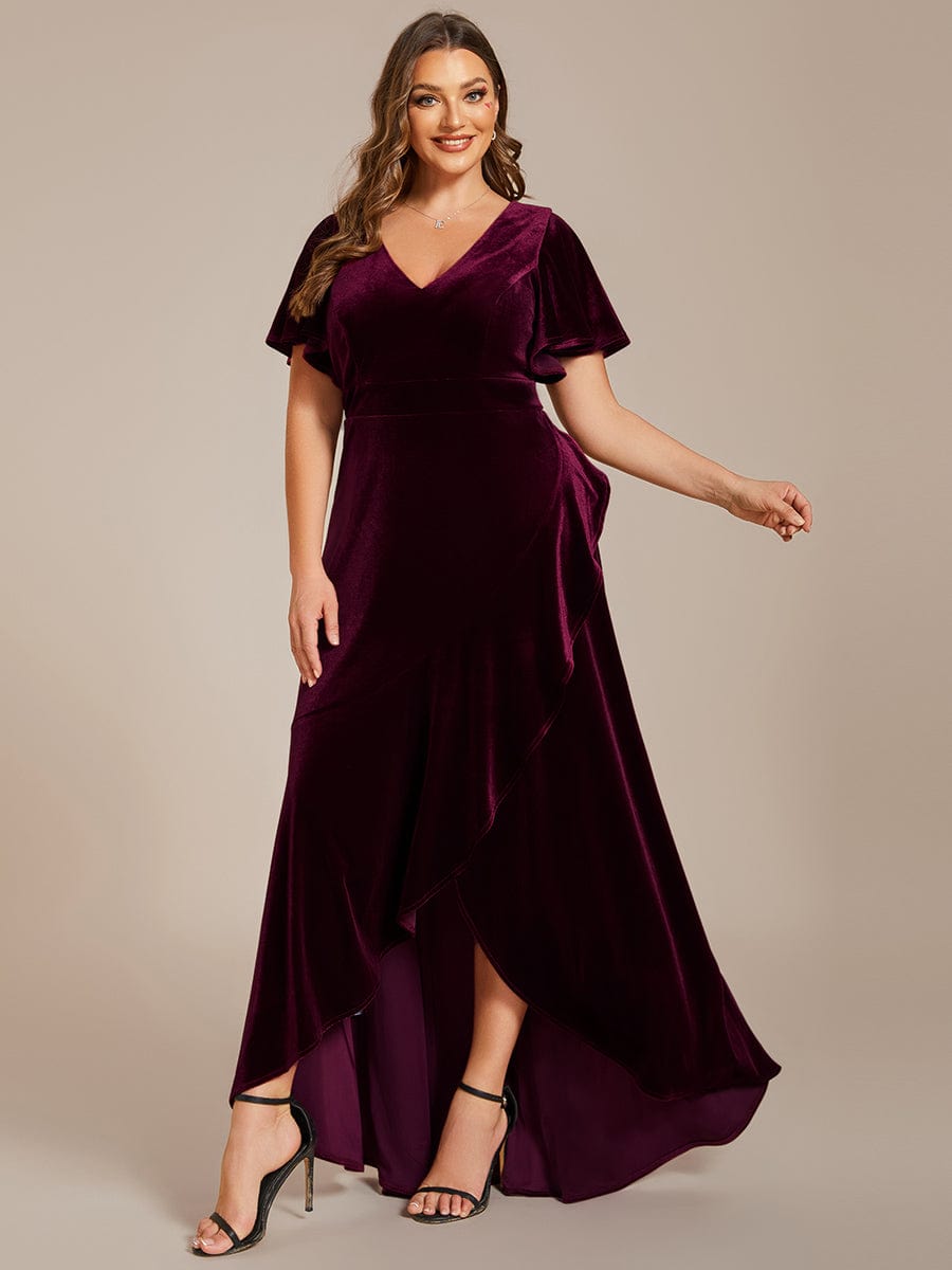 Velvet V-Neck A-Line Dress with Lotus Hem and Ruffled Sleeves