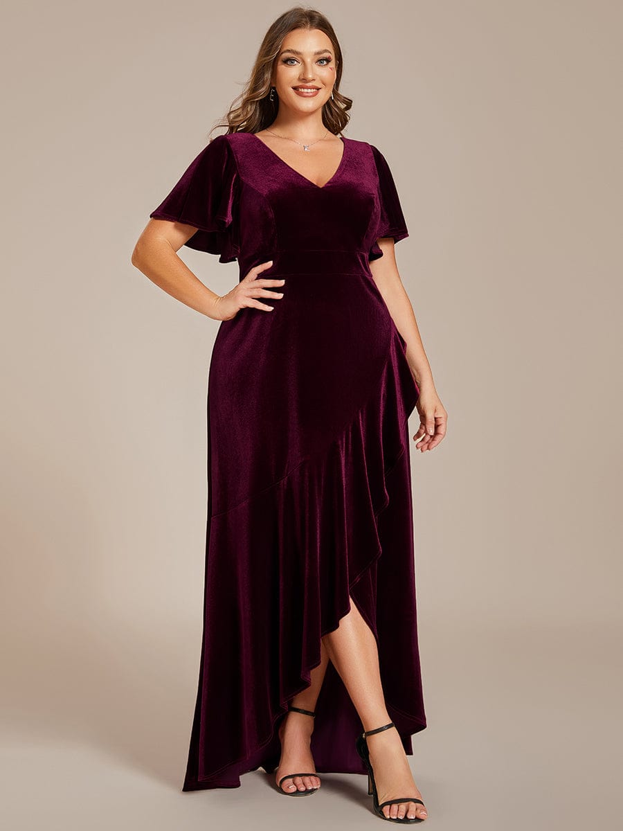 Velvet V-Neck A-Line Dress with Lotus Hem and Ruffled Sleeves