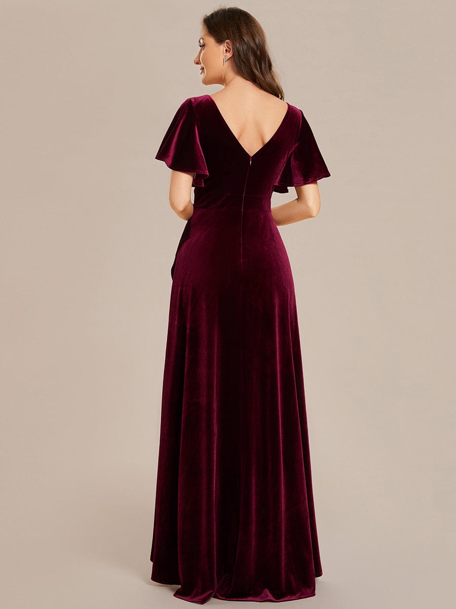 Double V-Neck Velvet Evening Dress with Lotus Leaf Hem