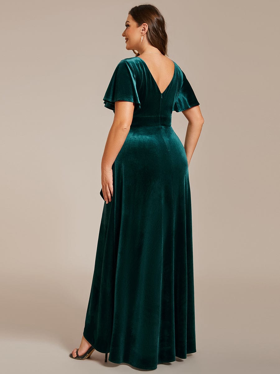 Velvet V-Neck A-Line Dress with Lotus Hem and Ruffled Sleeves
