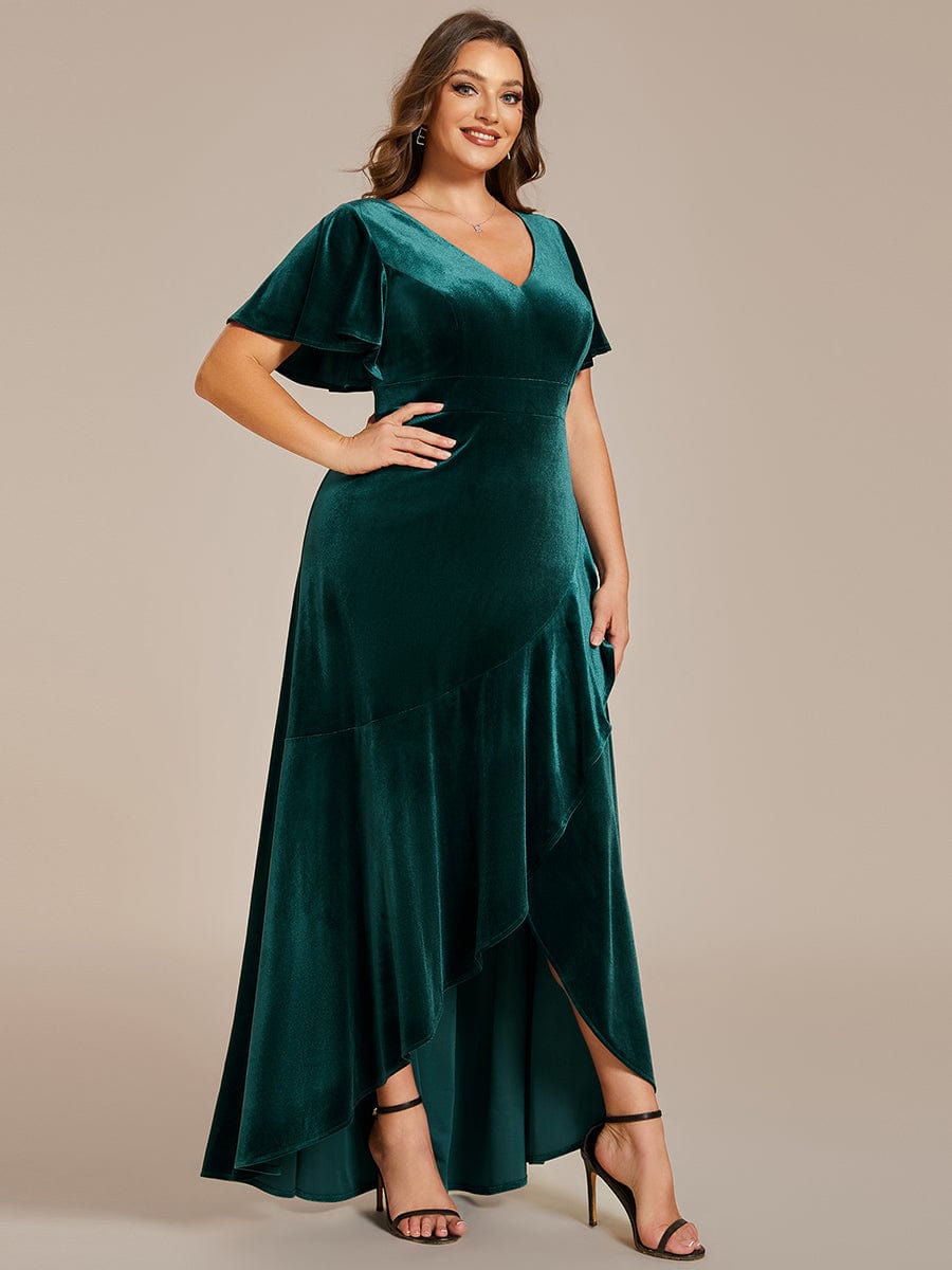 Velvet V-Neck A-Line Dress with Lotus Hem and Ruffled Sleeves