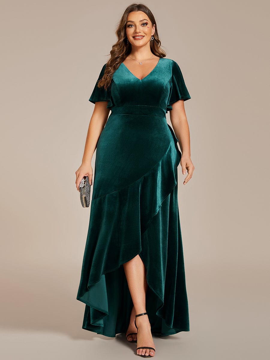 Velvet V-Neck A-Line Dress with Lotus Hem and Ruffled Sleeves