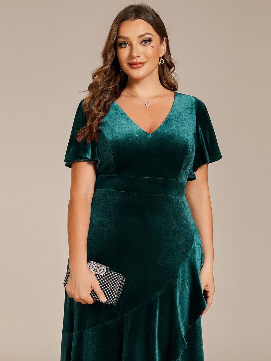 Velvet V-Neck A-Line Dress with Lotus Hem and Ruffled Sleeves