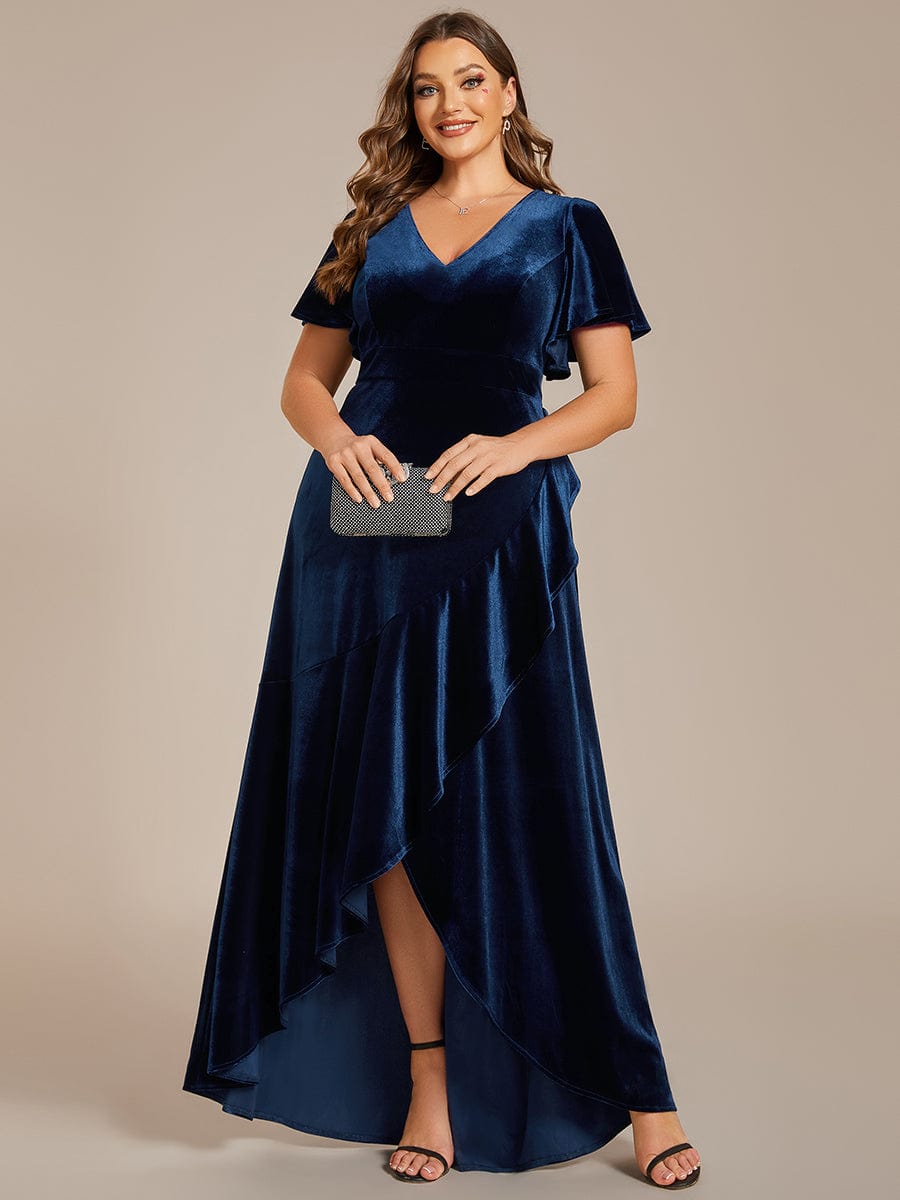 Velvet V-Neck A-Line Dress with Lotus Hem and Ruffled Sleeves