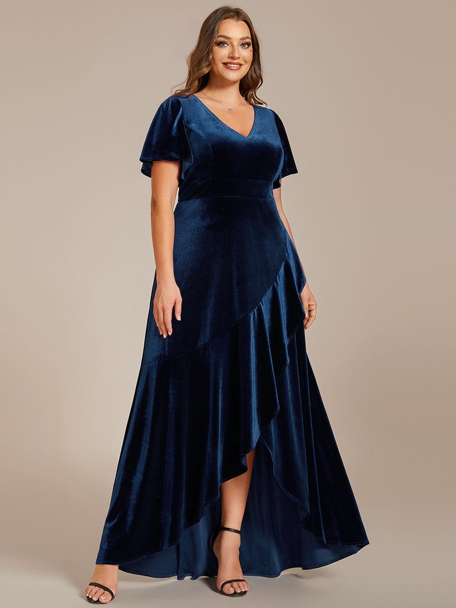 Velvet V-Neck A-Line Dress with Lotus Hem and Ruffled Sleeves