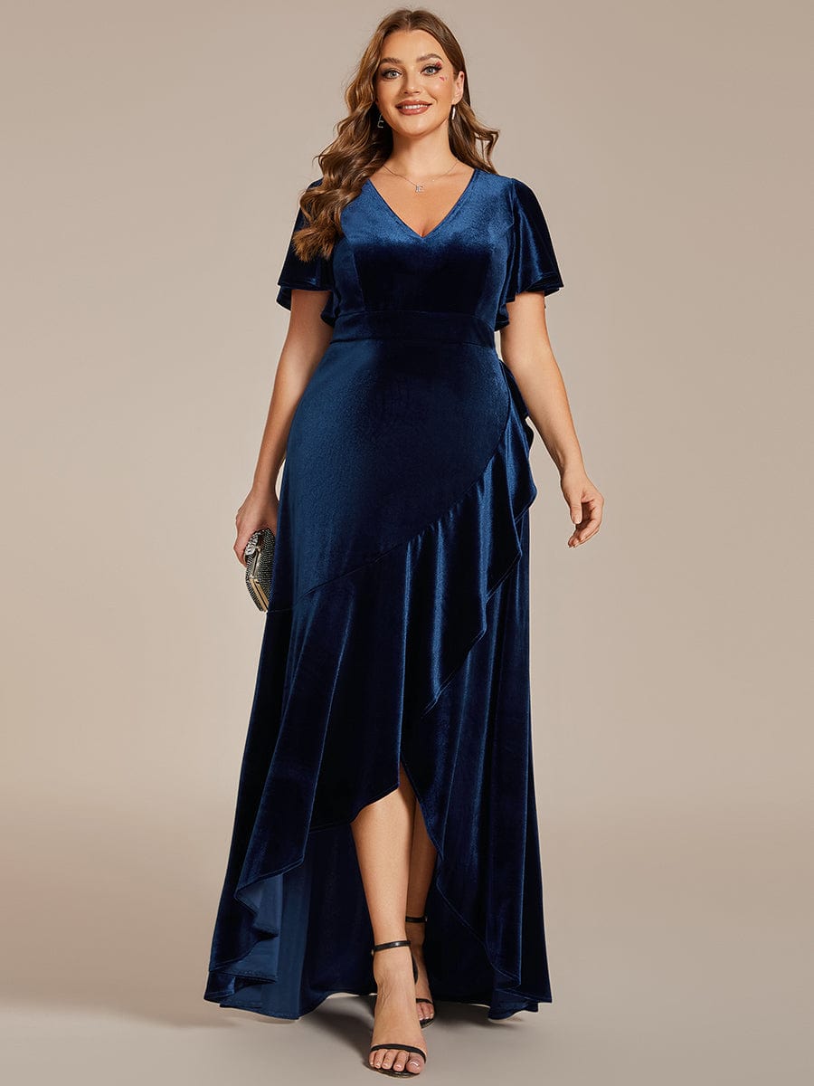 Velvet V-Neck A-Line Dress with Lotus Hem and Ruffled Sleeves