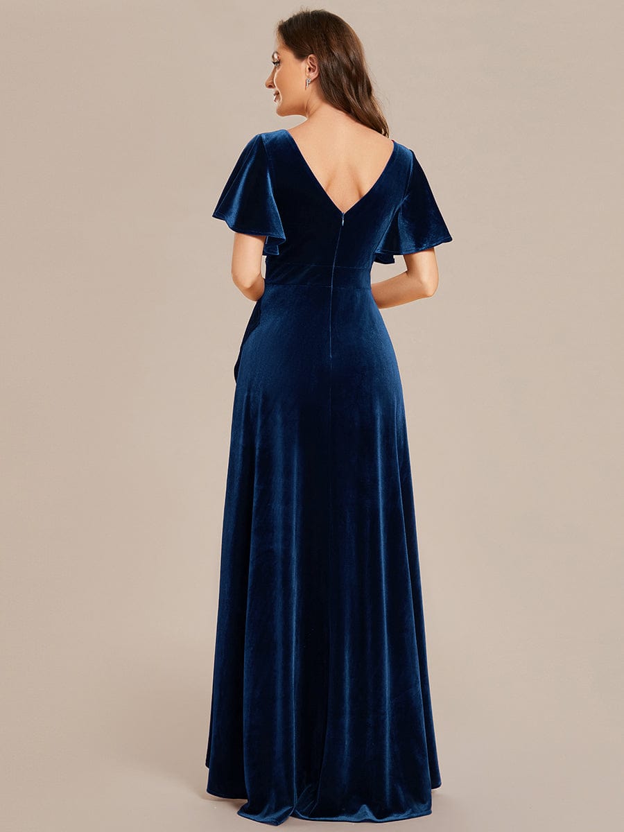 Double V-Neck Velvet Evening Dress with Lotus Leaf Hem