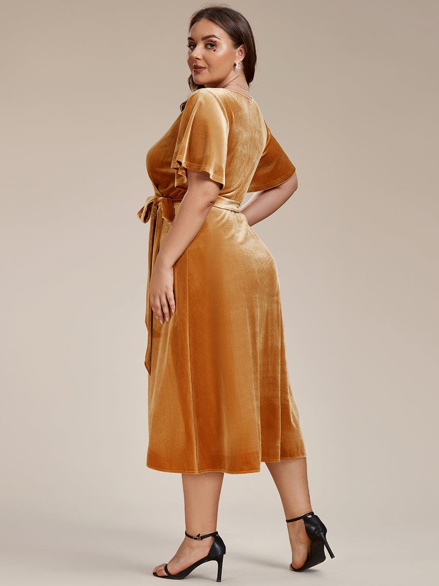 Luxurious V-Neck Velvet Wedding Guest Dress with Ruffled Sleeves