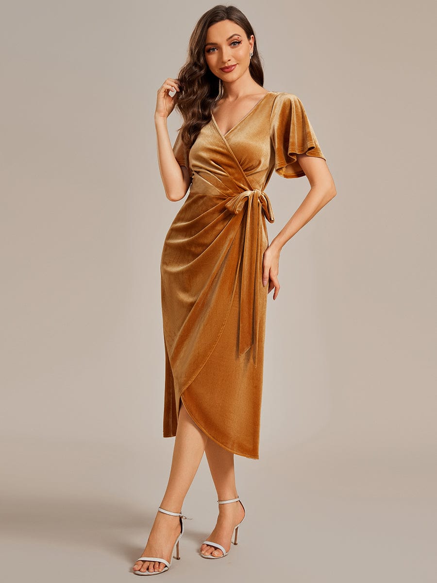 Velvet V-Neck Short Sleeve Midi Wedding Guest Dress