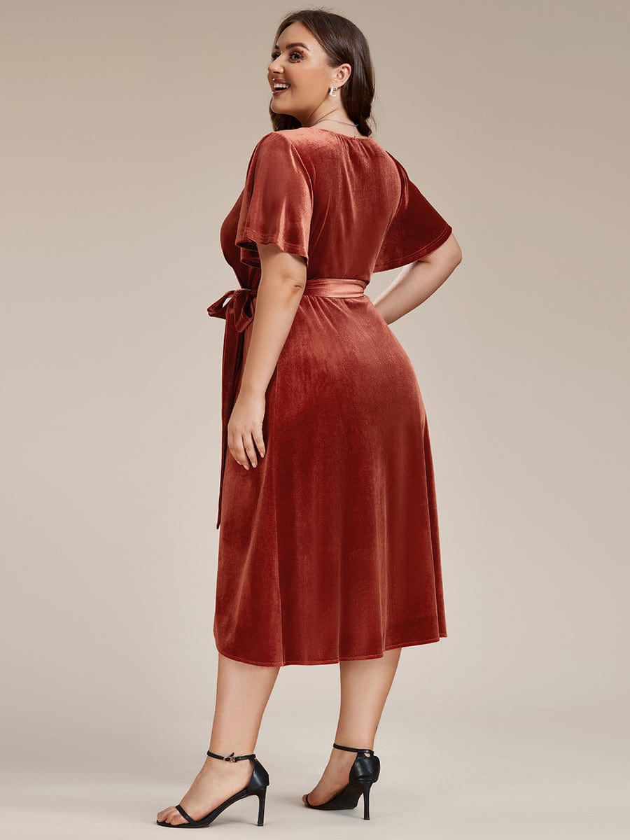 Luxurious V-Neck Velvet Wedding Guest Dress with Ruffled Sleeves