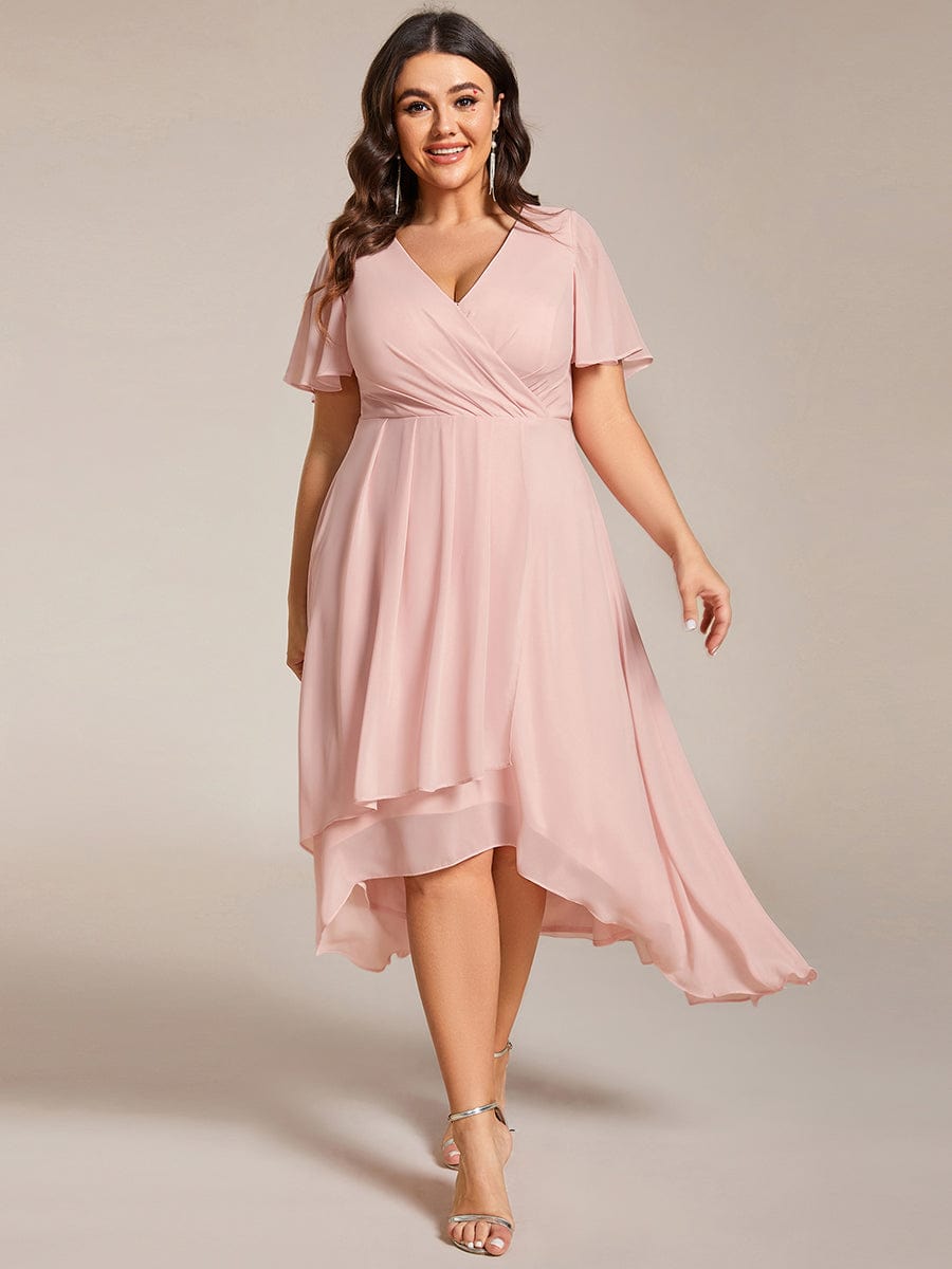 Elegant Plus Size Pleated V-Neck Chiffon A-Line Midi Wedding Guest Dress