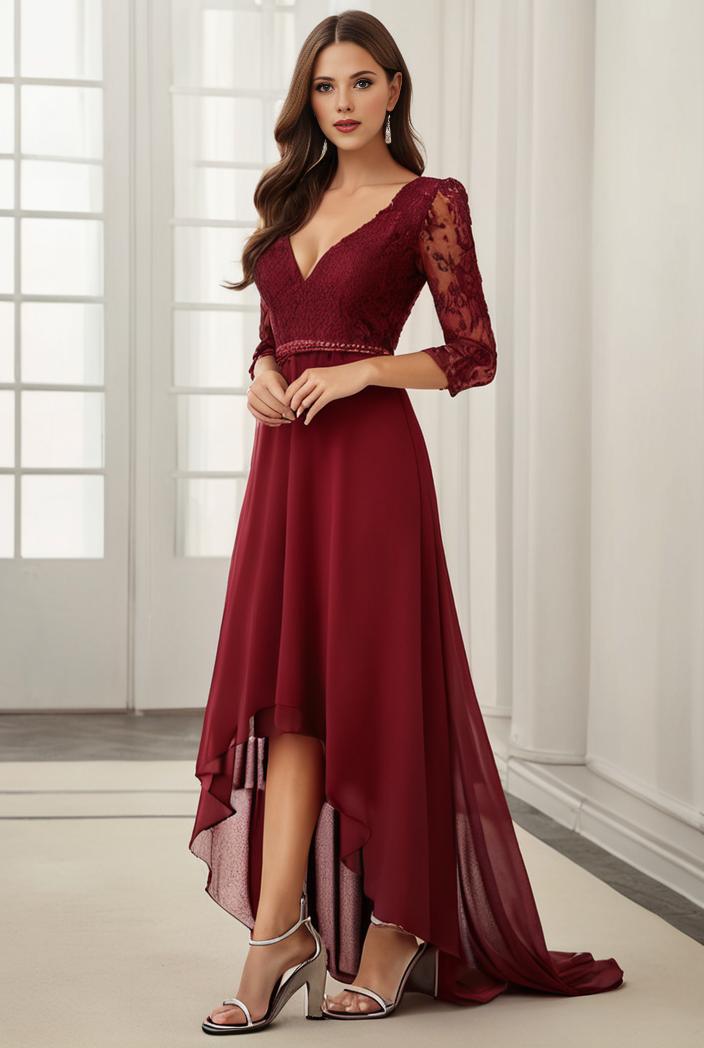 3 4 sleeve sheer sequin stripe high low hem evening dress 133991