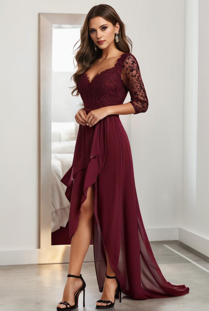 3 4 sleeve sheer sequin stripe high low hem evening dress 133992
