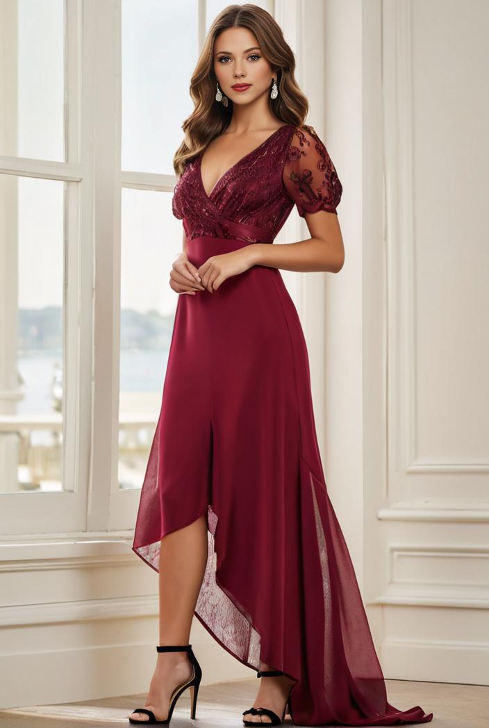 3 4 sleeve sheer sequin stripe high low hem evening dress 133995