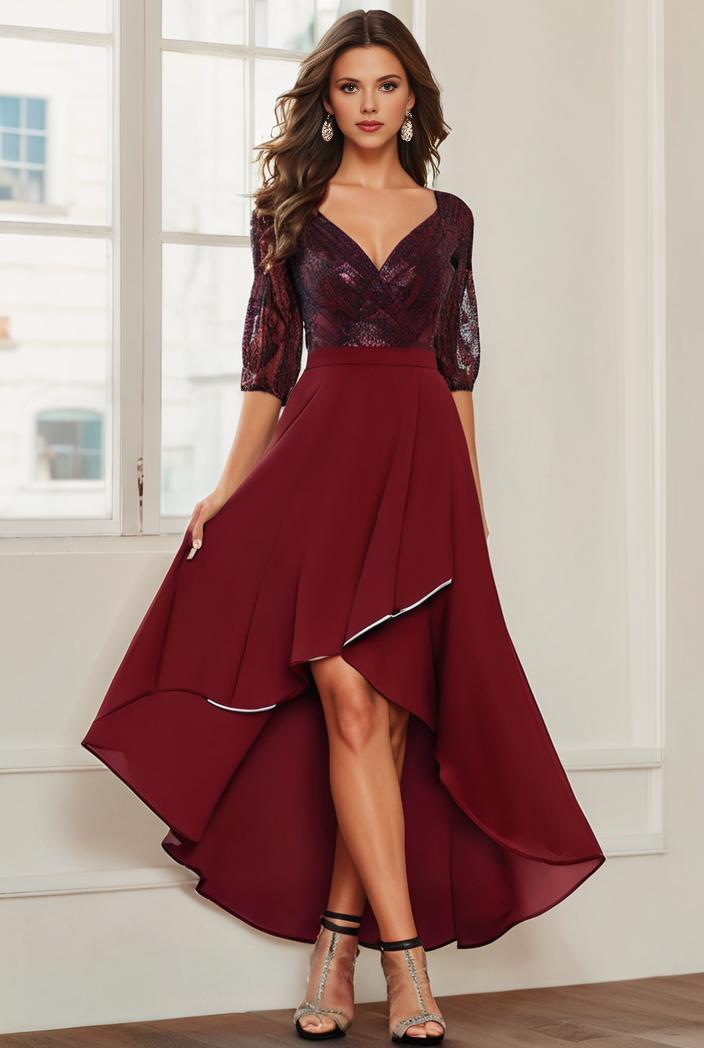 3 4 sleeve sheer sequin stripe high low hem evening dress 134005