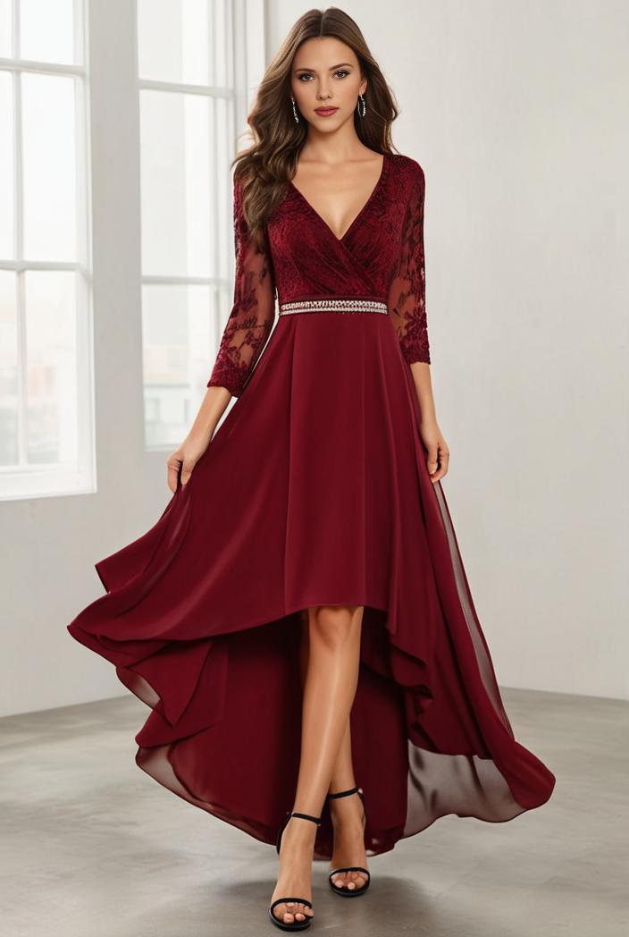 3 4 sleeve sheer sequin stripe high low hem evening dress 134006