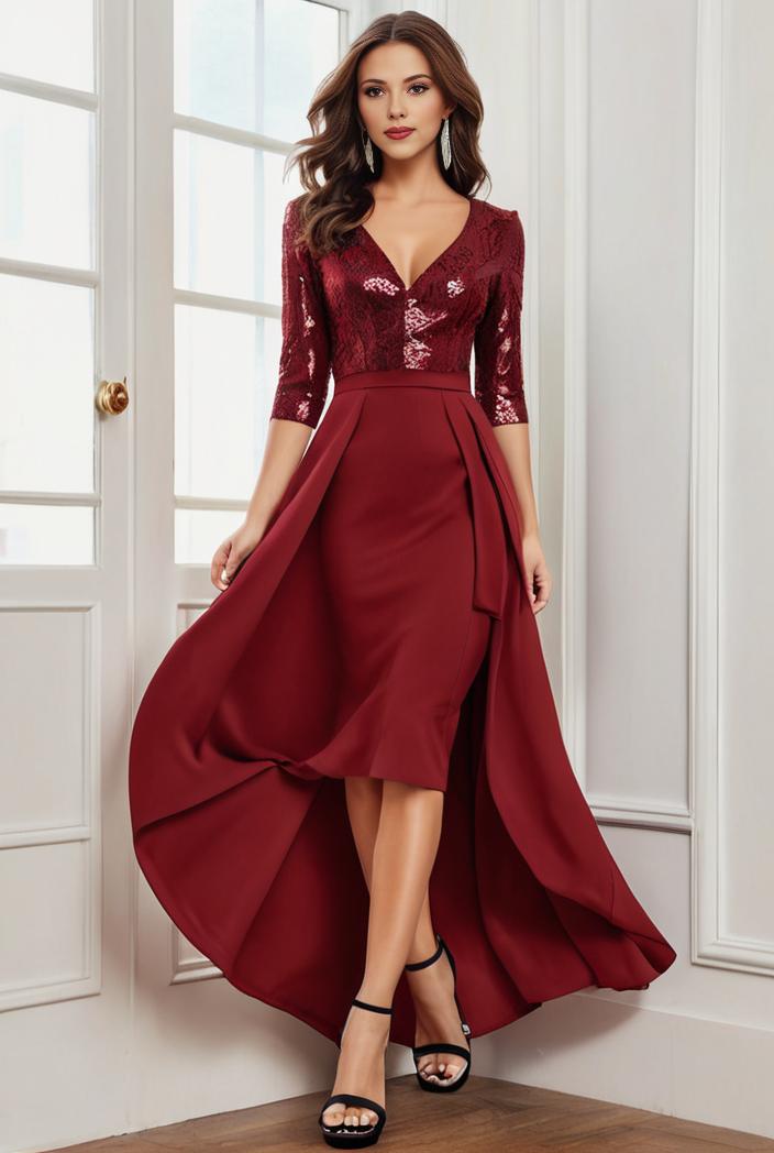 3 4 sleeve sheer sequin stripe high low hem evening dress 134012