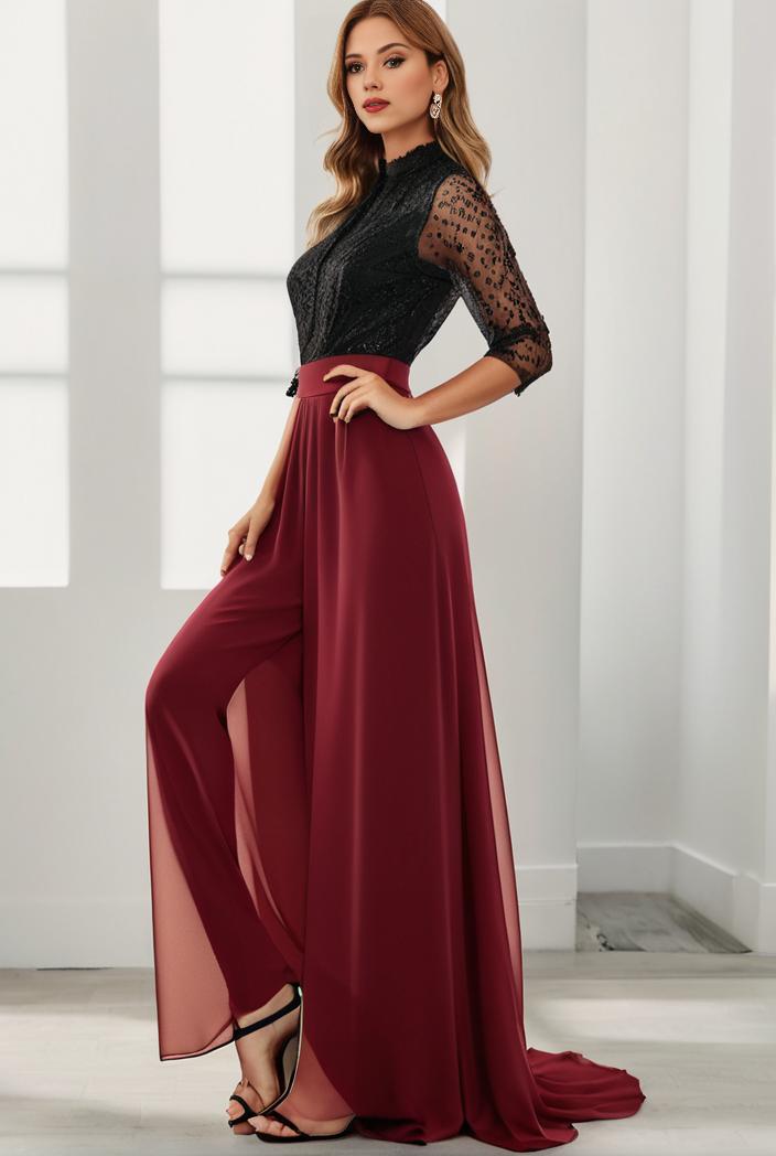3 4 sleeve sheer sequin stripe high low hem evening dress 134015