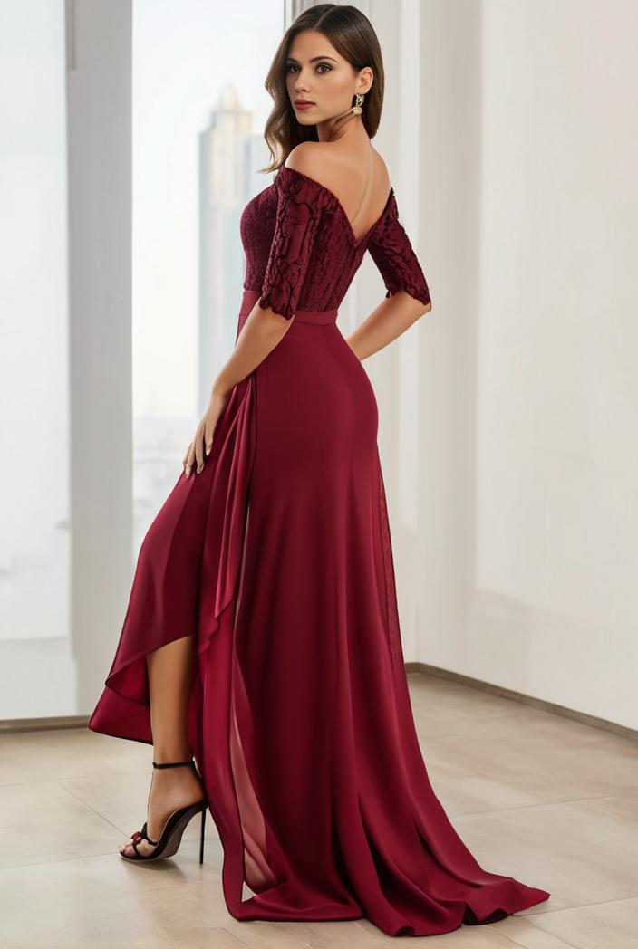 3 4 sleeve sheer sequin stripe high low hem evening dress 134016