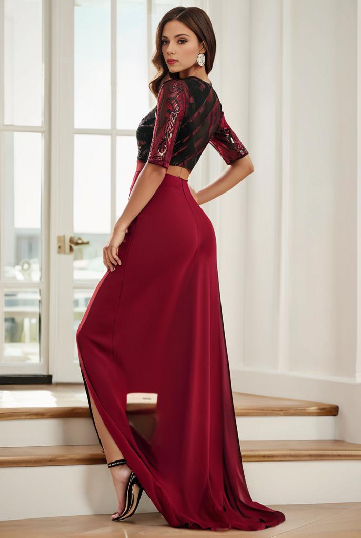 3 4 sleeve sheer sequin stripe high low hem evening dress 134019