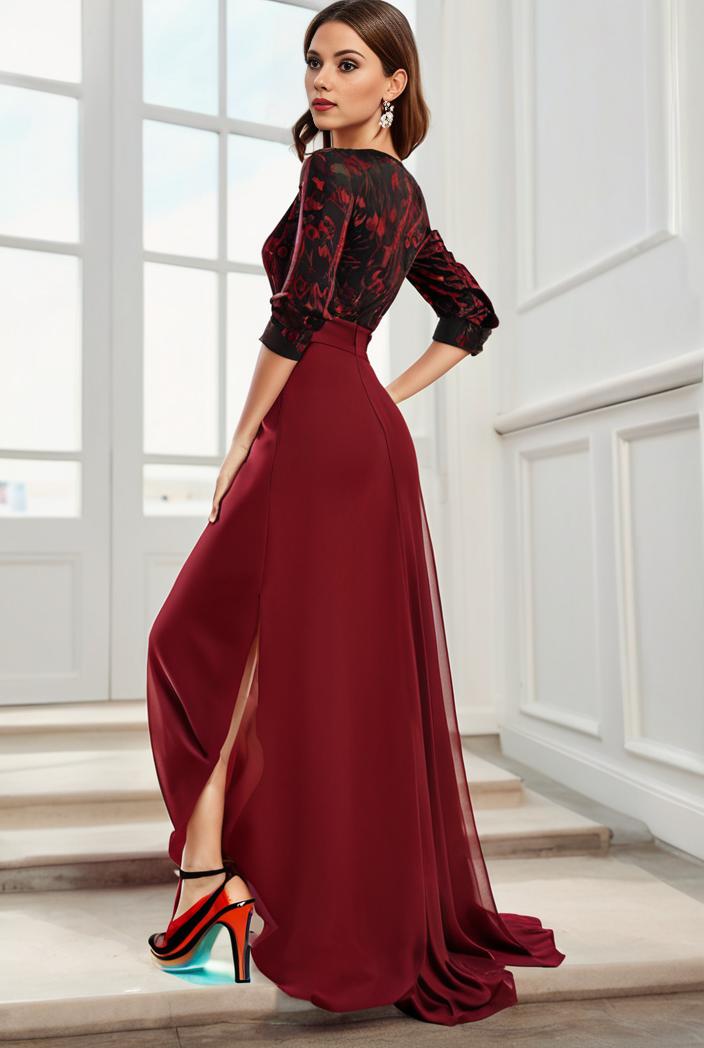 3 4 sleeve sheer sequin stripe high low hem evening dress 134020
