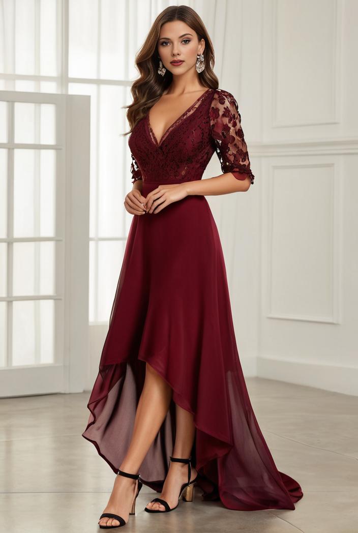 3 4 sleeve sheer sequin stripe high low hem evening dress 132394
