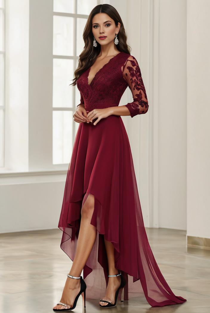 3 4 sleeve sheer sequin stripe high low hem evening dress 132397