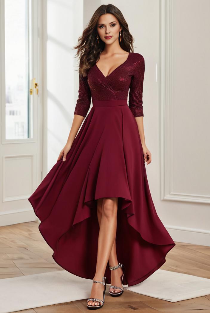 3 4 sleeve sheer sequin stripe high low hem evening dress 132411