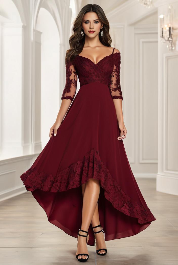 3 4 sleeve sheer sequin stripe high low hem evening dress 132414
