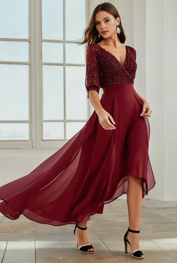 3 4 sleeve sheer sequin stripe high low hem evening dress 132429