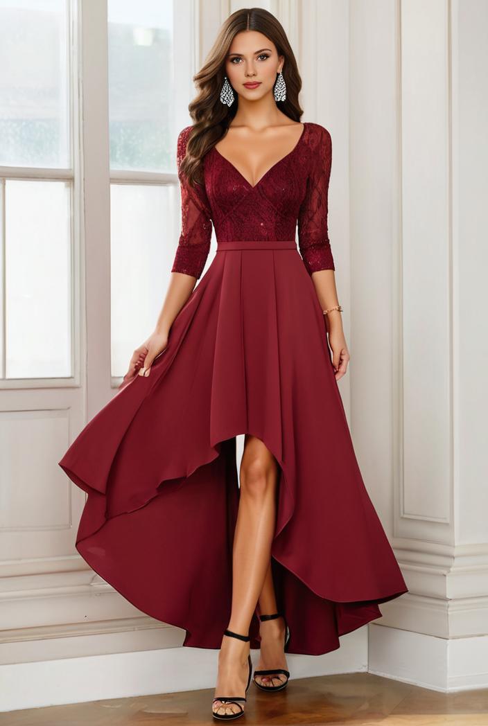 3 4 sleeve sheer sequin stripe high low hem evening dress 132453