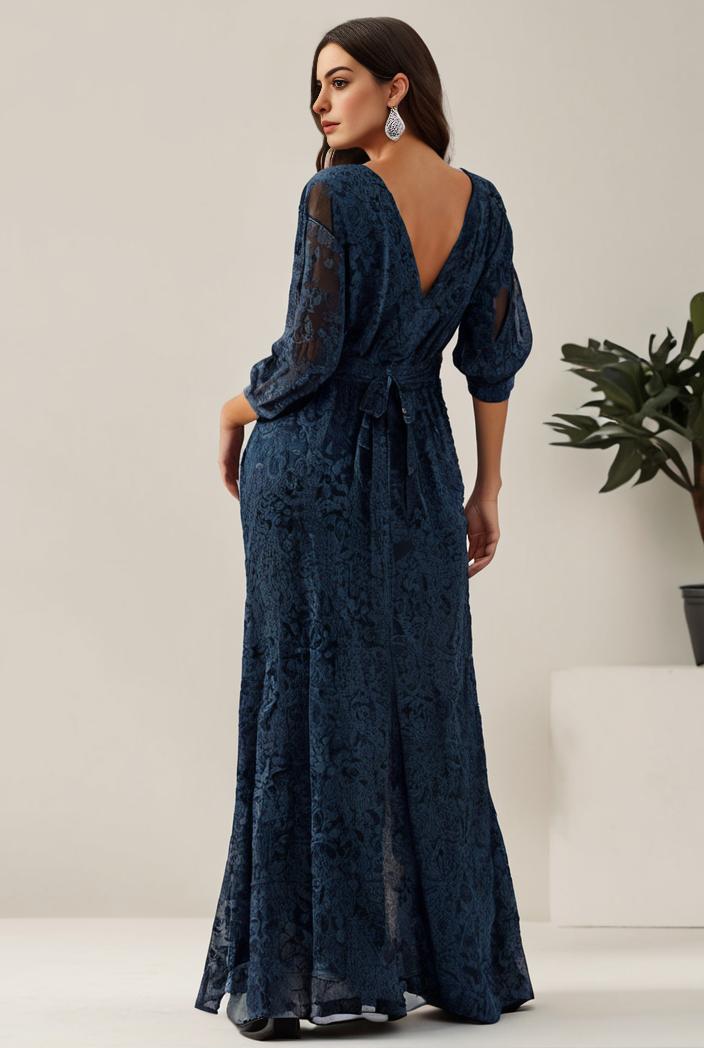 3 4 sleeve bodycon plunging back sequin evening dress 142451
