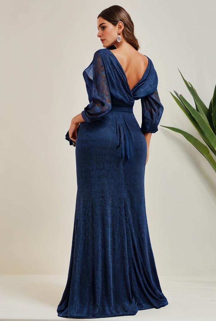 3 4 sleeve bodycon plunging back sequin evening dress 142454