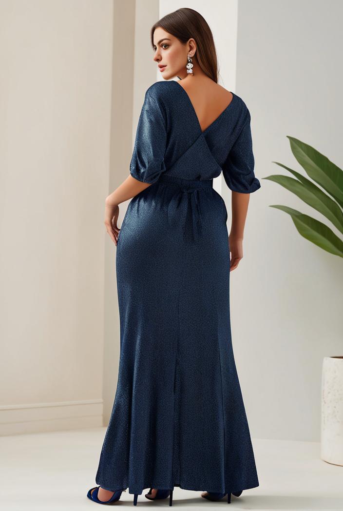 3 4 sleeve bodycon plunging back sequin evening dress 142455