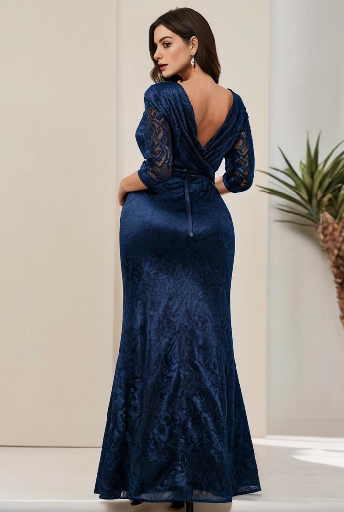 3 4 sleeve bodycon plunging back sequin evening dress 142456
