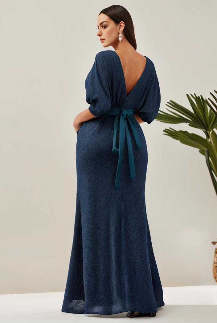 3 4 sleeve bodycon plunging back sequin evening dress 142457