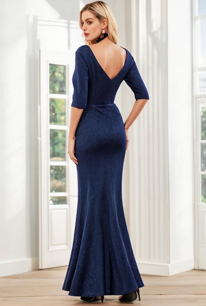 3 4 sleeve bodycon plunging back sequin evening dress 142459
