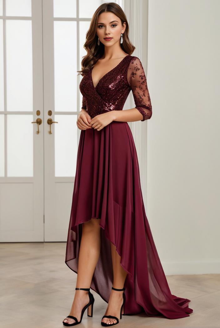 3 4 sleeve sheer sequin stripe high low hem evening dress 116591