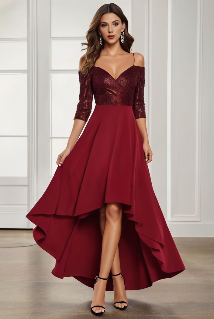 3 4 sleeve sheer sequin stripe high low hem evening dress 116603