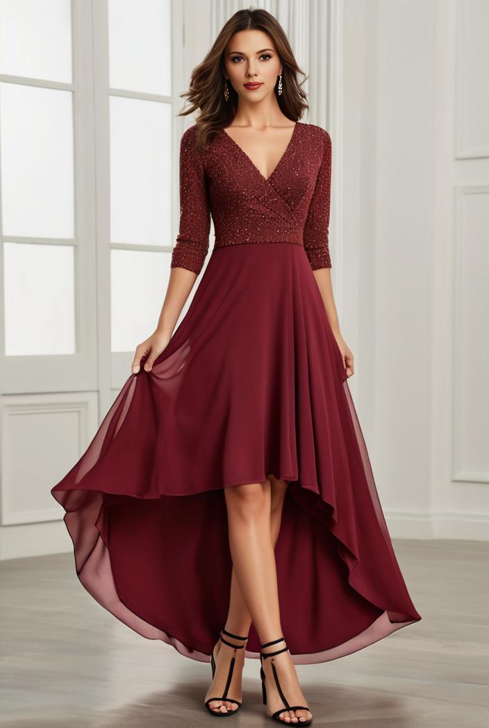 3 4 sleeve sheer sequin stripe high low hem evening dress 116606