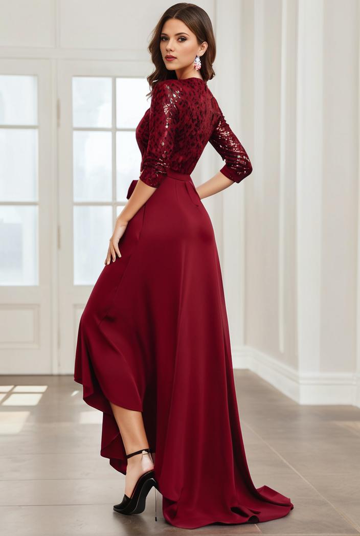3 4 sleeve sheer sequin stripe high low hem evening dress 116624