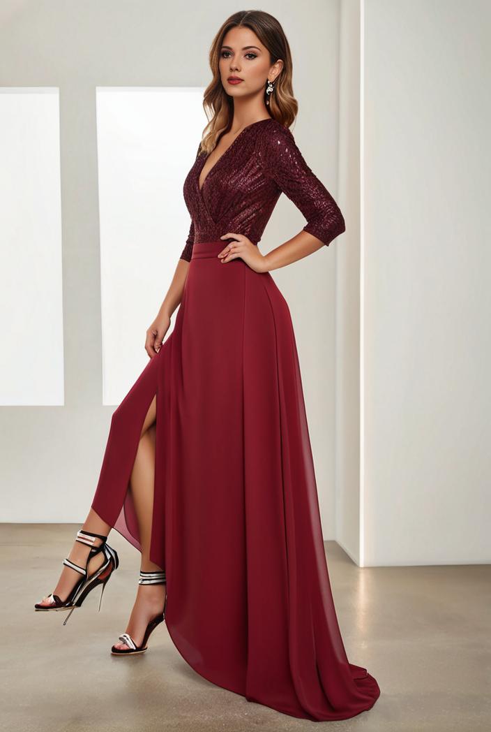 3 4 sleeve sheer sequin stripe high low hem evening dress 116627