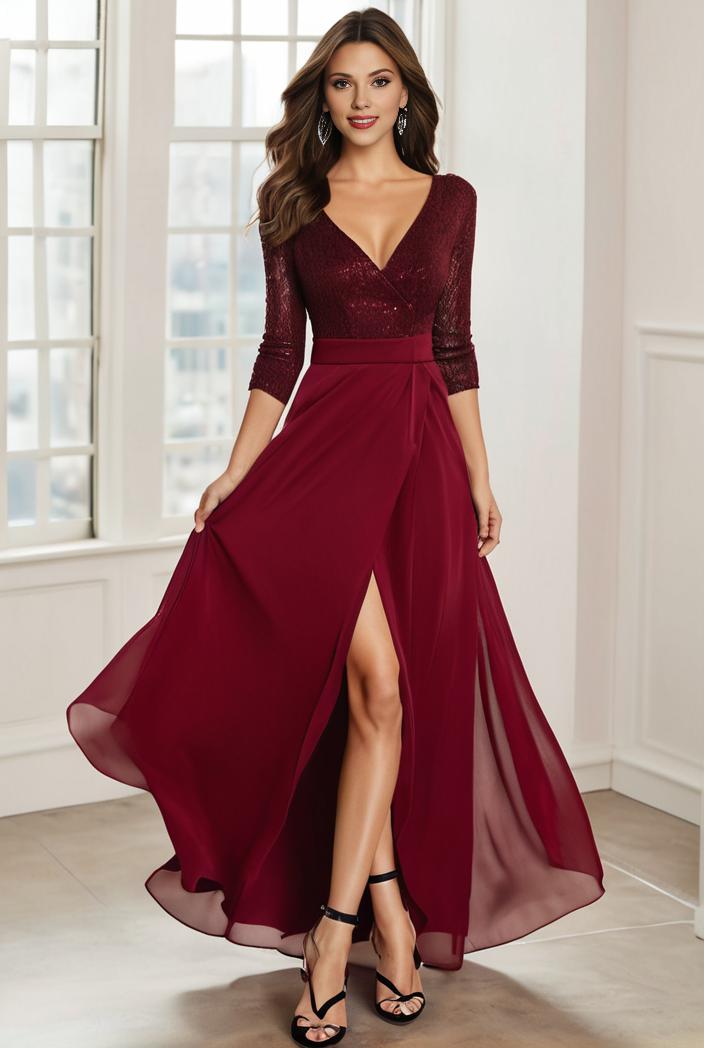 3 4 sleeve sheer sequin stripe high low hem evening dress 116642