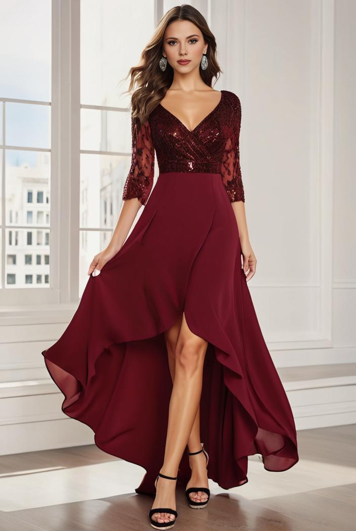 3 4 sleeve sheer sequin stripe high low hem evening dress 109895